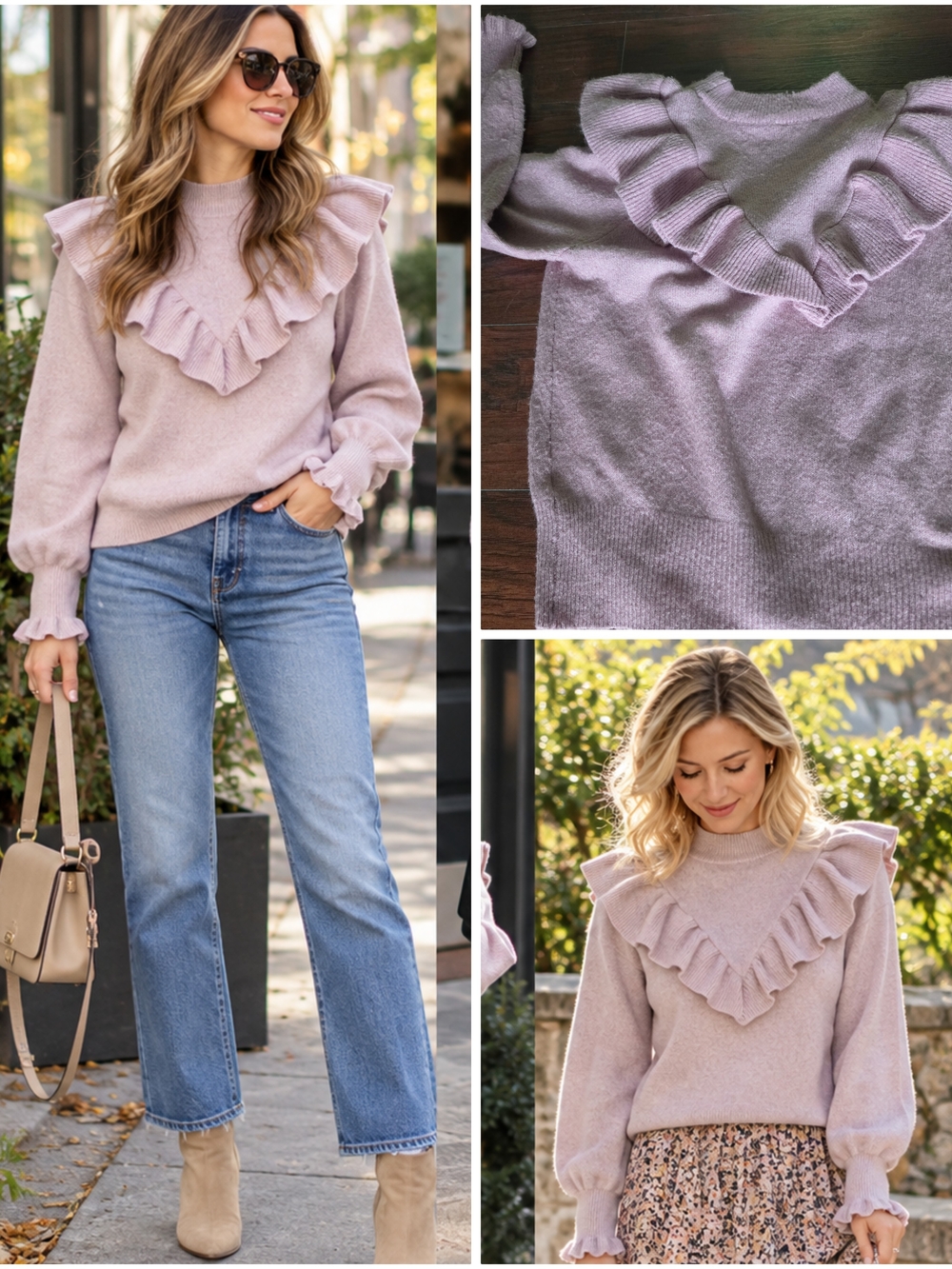 Ruffle-Trim Crewneck Sweater in Lavender